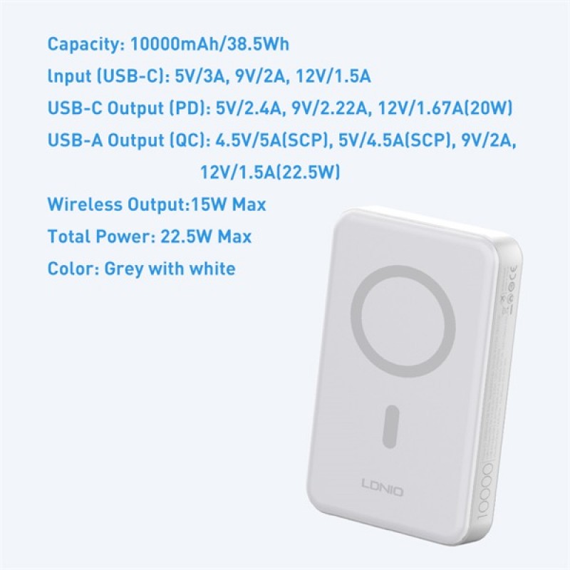 Ldnio 10000mAh Magnetic Wireless Power Bank 22.5W PD16 – White