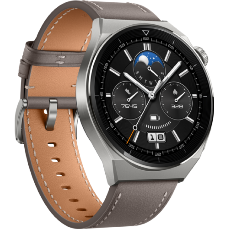 Huawei GT 3 Pro – 46mm – Light Titanium Case – Gray Leather Strap