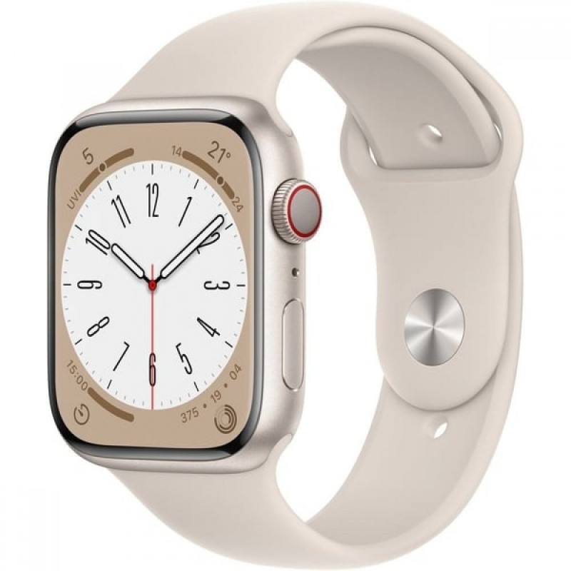 Apple Watch 8th Generation, 45 mm aluminum case with a sporty slide band - Starlight
